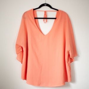 Coral 3x bisou bisou caped blouse back ties- back and front v neck